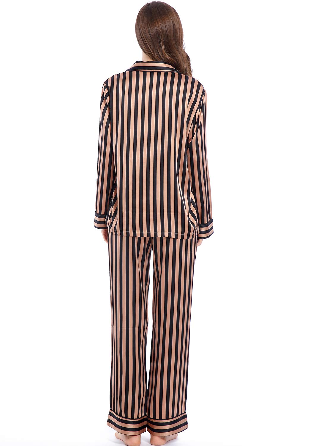 Women's Satin Pajama Set Long Sleeve Button Down Sleepwear 2-Piece Striped Silky Pj Set