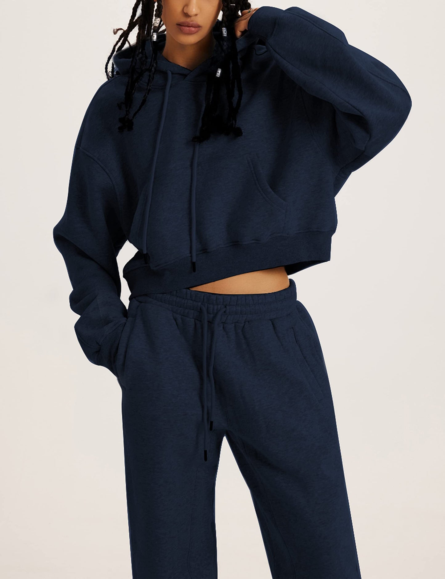 LTSCNRM Women's 2 Piece Airport Outfits Fleece Crop Hoodies Pullover Sweatshirt Sweatsuits Joggers Pants Pockets