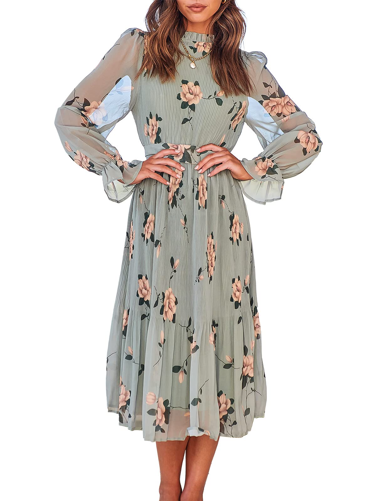 ANRABESS Women's Floral Midi Dress Puff Long Sleeve Casual Ruffle Chiffon A-Line Swing Pleated Belted Tea Party Dresses