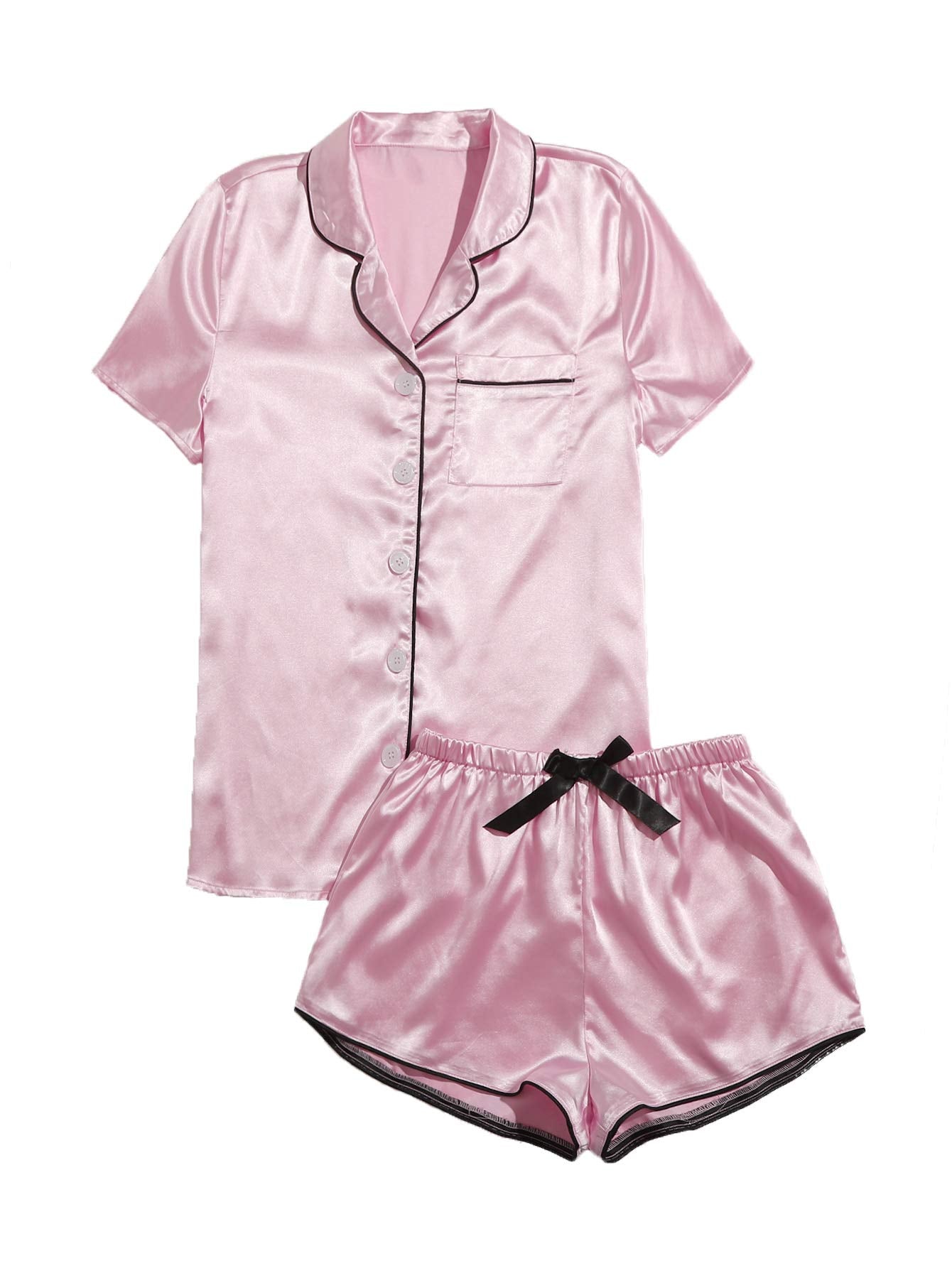 WDIRARA Women's Sleepwear Satin Short Sleeve Shirt and Shorts Pajama Set