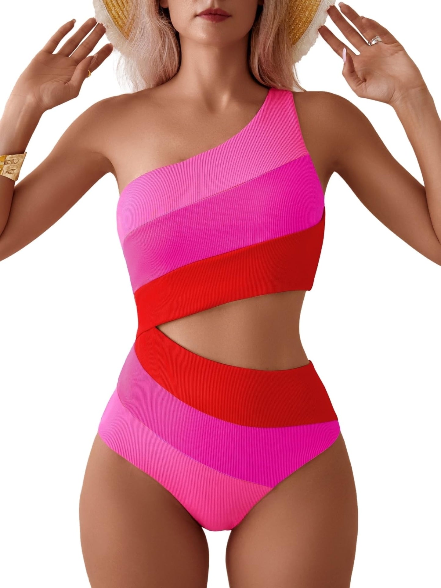 TASHEHE Women's One Shoulder One Piece Swimsuit Sexy Color Block Patchwork Bathing Suit Modest Full Coverage Cutout Swimwear