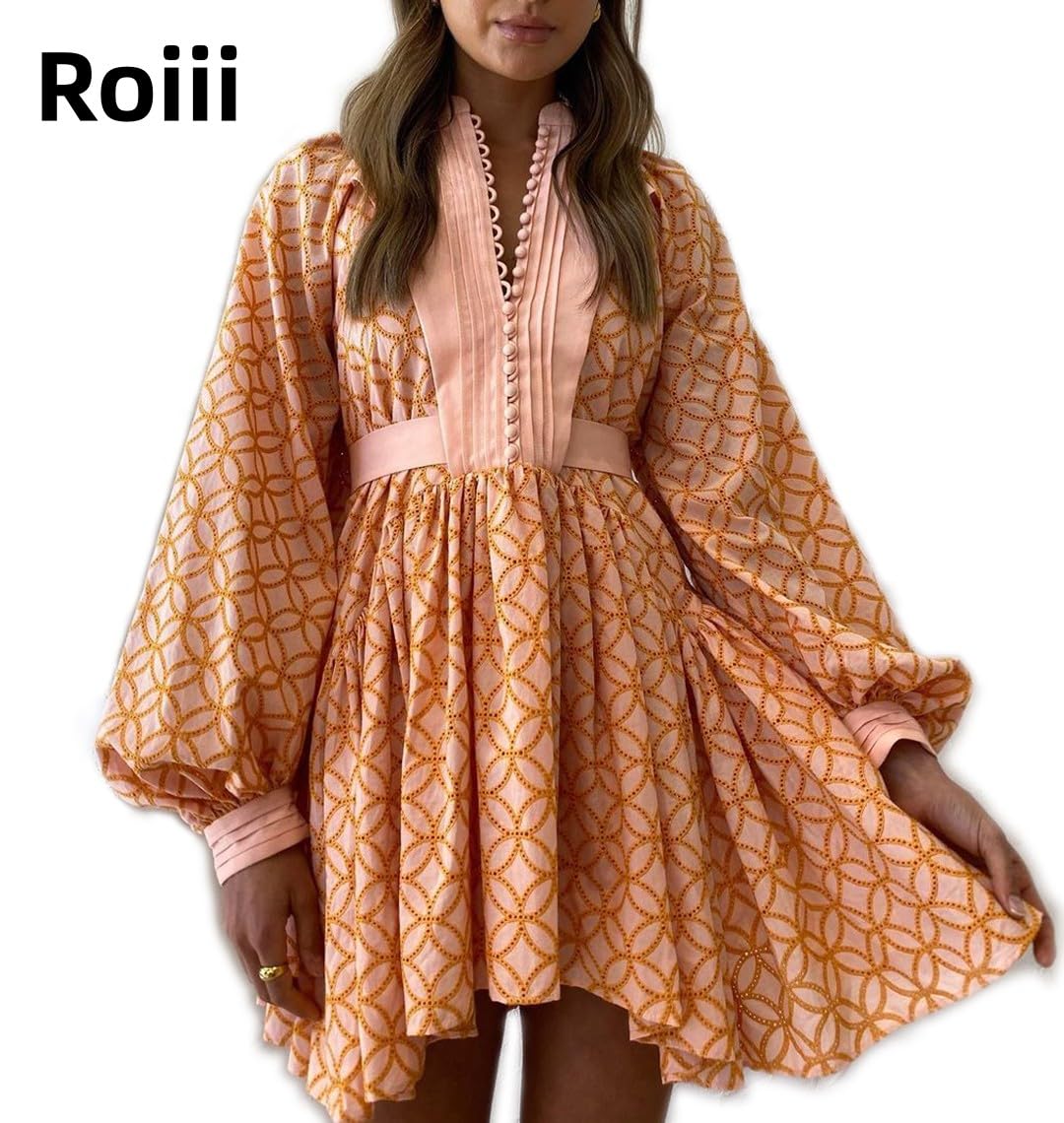 Roiii Women A-Line Lace Loose Baroque Button Down Long Sleeve Casual Dresses V Neck Embroidery Party Short Dress