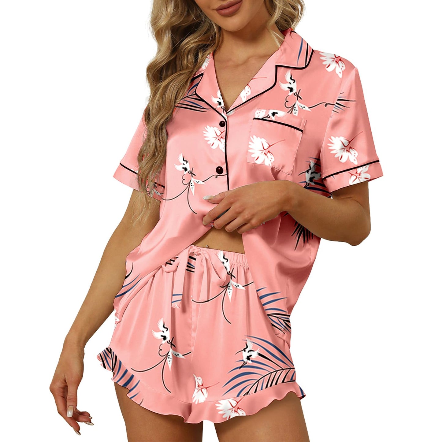 SAPJON Satin Silk Pajamas for Women 2Pcs Ruffle Notch Collar Sleepwear Button Down Short Sleeve Shorts Pjs Set Loungewear