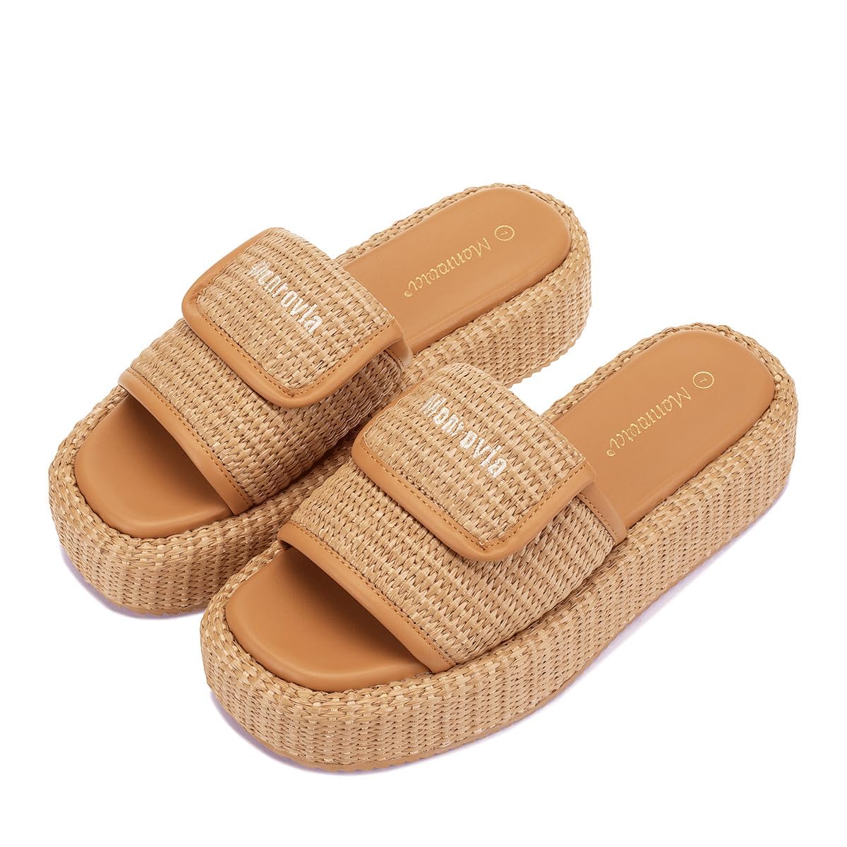 Monrovia Platform Sandals Women Slip on Raffia wedge Sandals, Espadrille Slides Bohemia Sandals, Summer Open Toe Straw Sandals for Women's Outdoor Camping Walking Beach Vacation