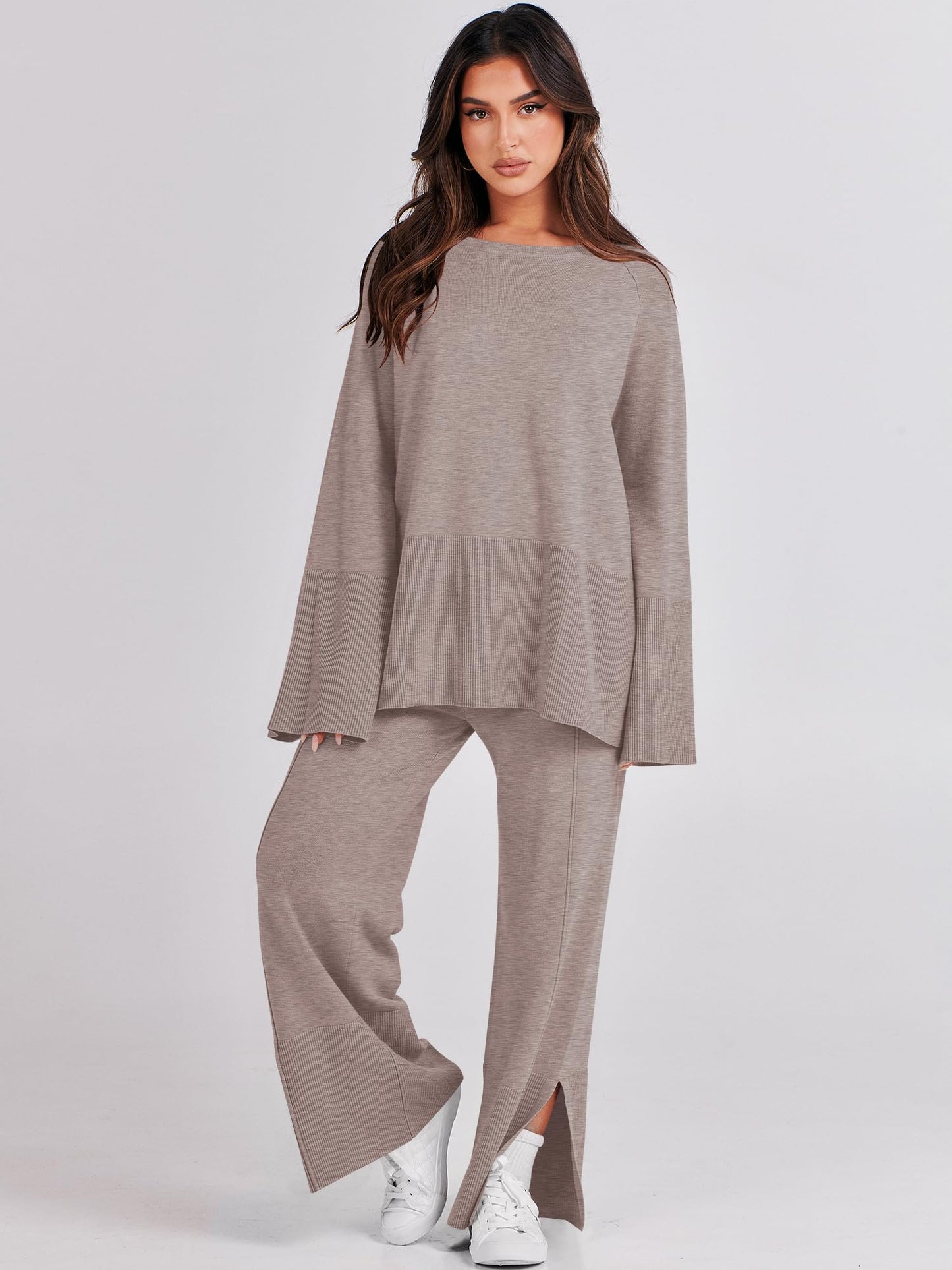 ANRABESS Womens 2 Piece Outfits Oversized Knit Sweater Set Wide Leg Pant Cozy Lounge Matching Pajama Sets 2024 Trendy Clothes