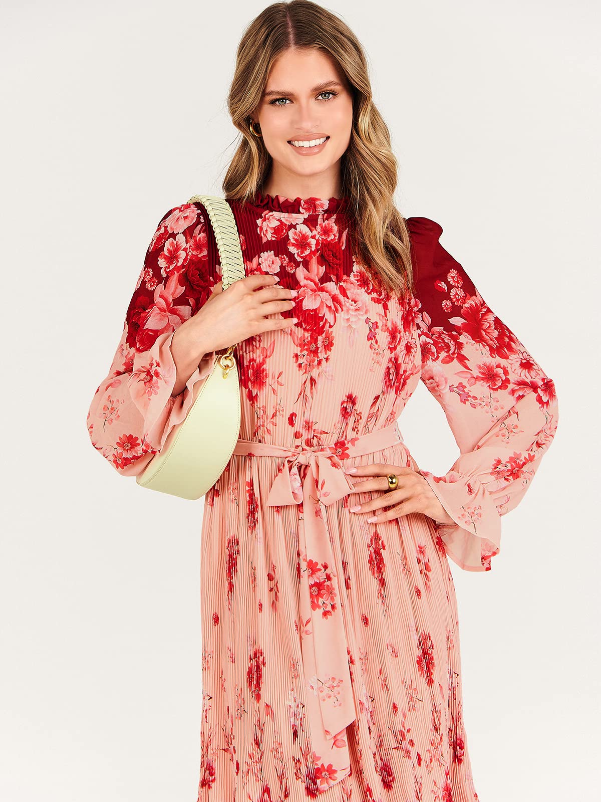 ANRABESS Women's Floral Midi Dress Puff Long Sleeve Casual Ruffle Chiffon A-Line Swing Pleated Belted Tea Party Dresses