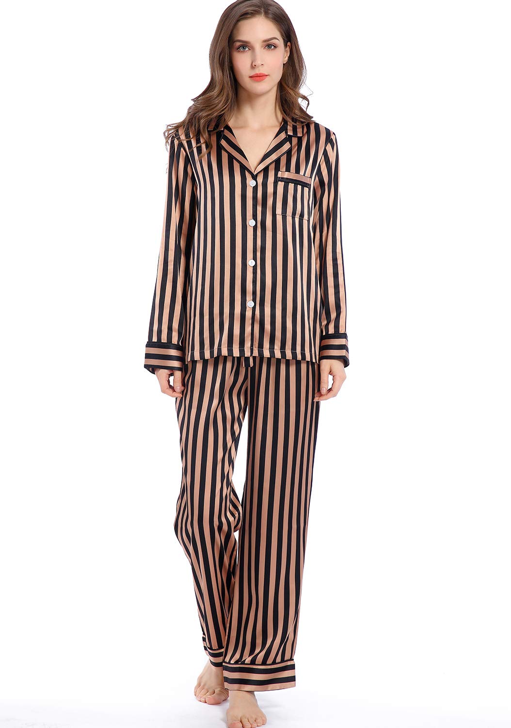 Women's Satin Pajama Set Long Sleeve Button Down Sleepwear 2-Piece Striped Silky Pj Set