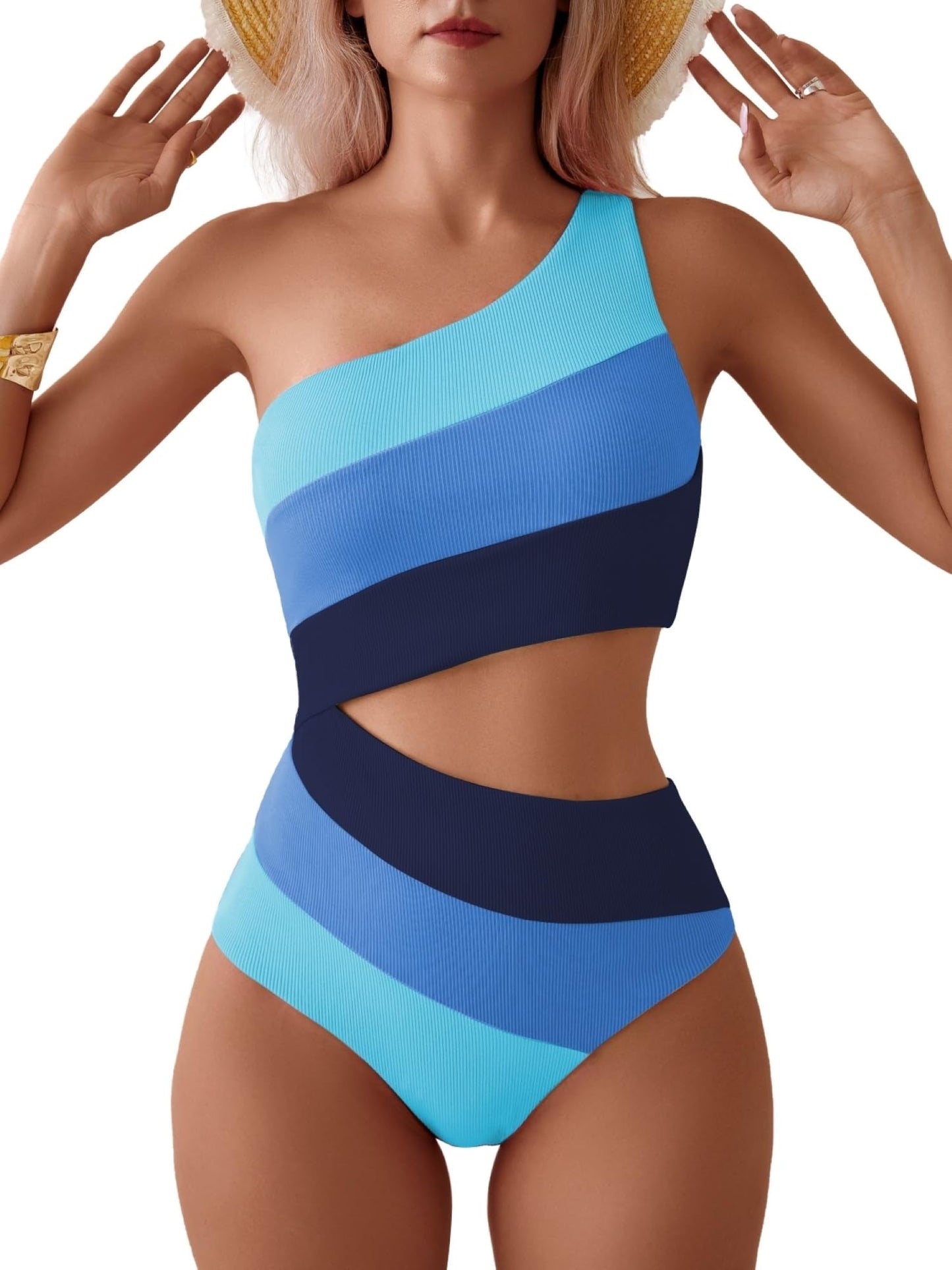 TASHEHE Women's One Shoulder One Piece Swimsuit Sexy Color Block Patchwork Bathing Suit Modest Full Coverage Cutout Swimwear