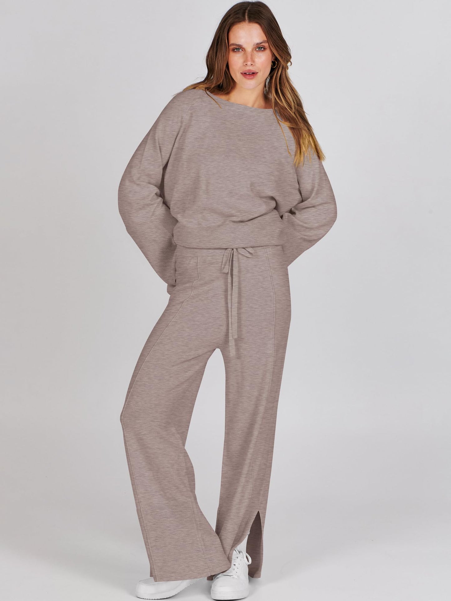 ANRABESS Womens 2 Piece Outfits Oversized Knit Sweater Set Wide Leg Pant Cozy Lounge Matching Pajama Sets 2024 Trendy Clothes