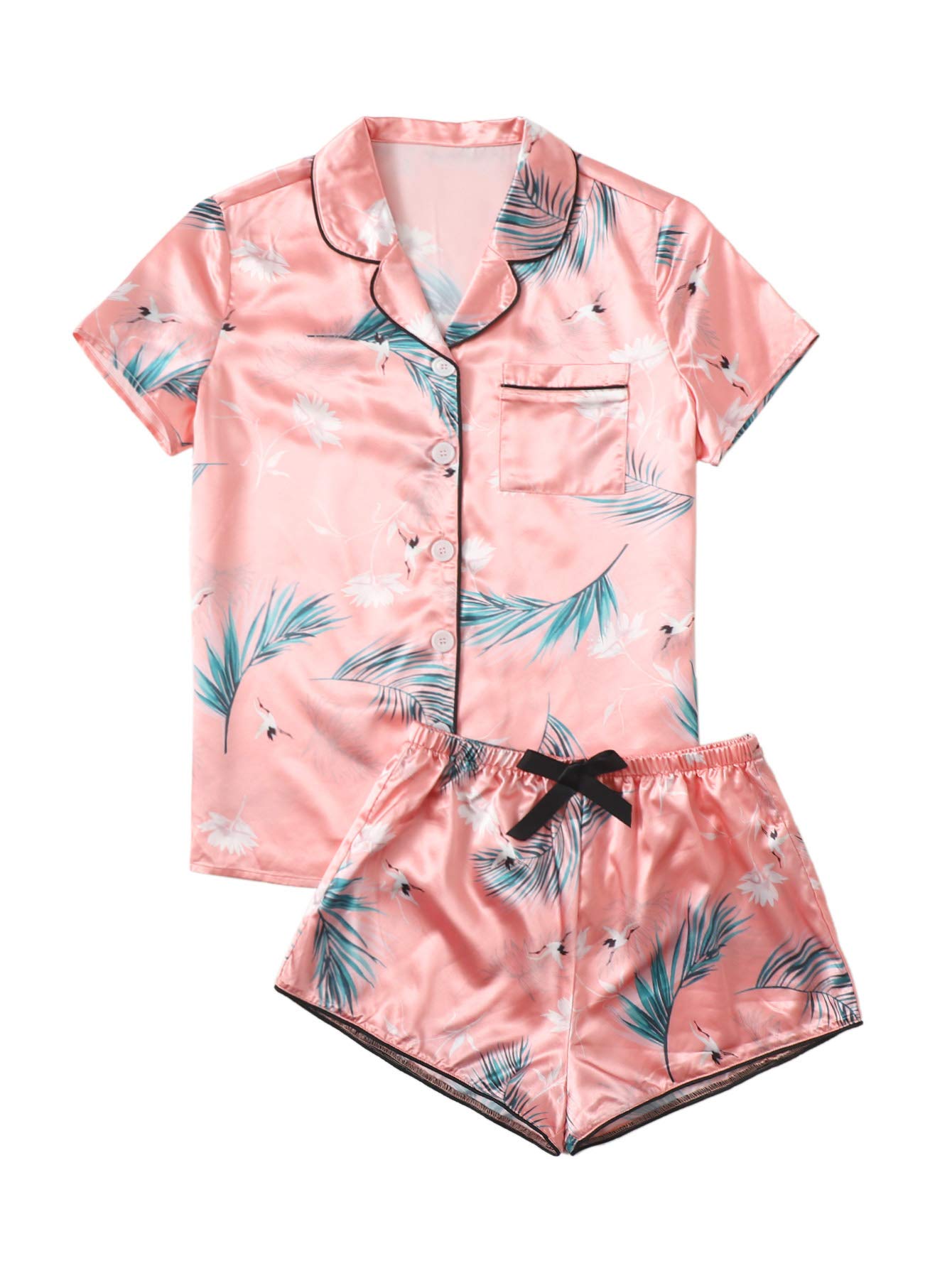 WDIRARA Women's Sleepwear Satin Short Sleeve Shirt and Shorts Pajama Set