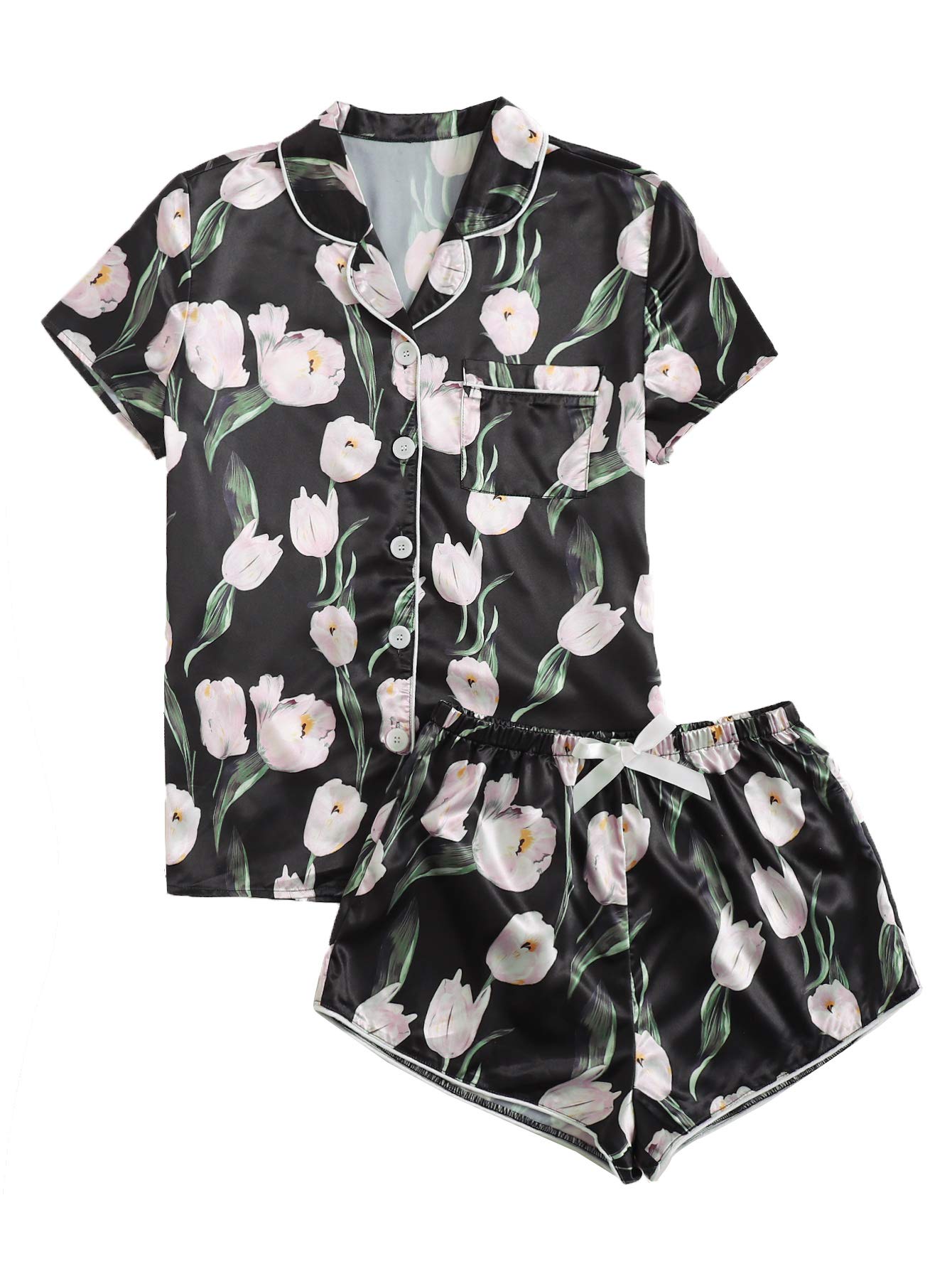 WDIRARA Women's Sleepwear Satin Short Sleeve Shirt and Shorts Pajama Set