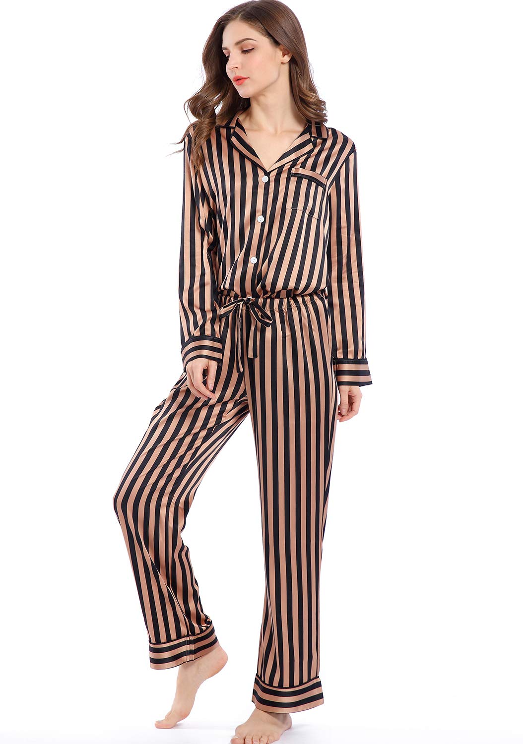 Women's Satin Pajama Set Long Sleeve Button Down Sleepwear 2-Piece Striped Silky Pj Set