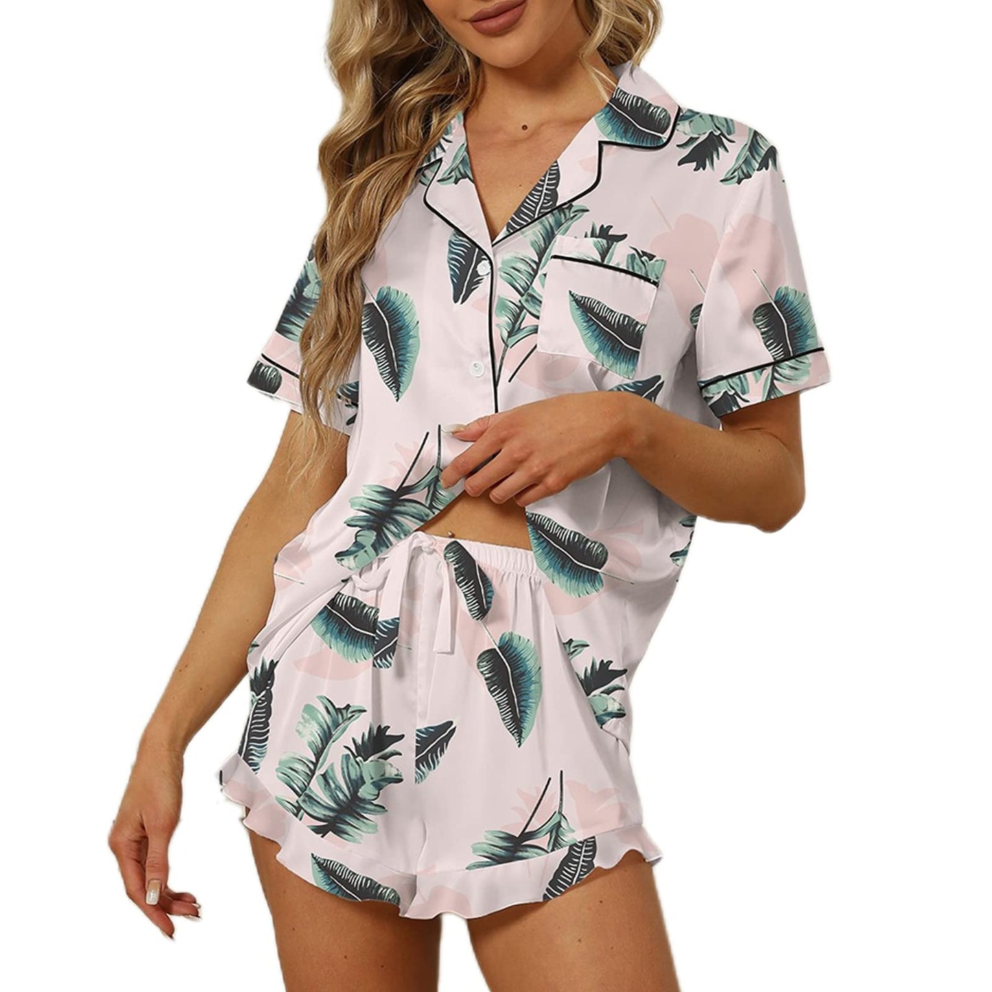 SAPJON Satin Silk Pajamas for Women 2Pcs Ruffle Notch Collar Sleepwear Button Down Short Sleeve Shorts Pjs Set Loungewear