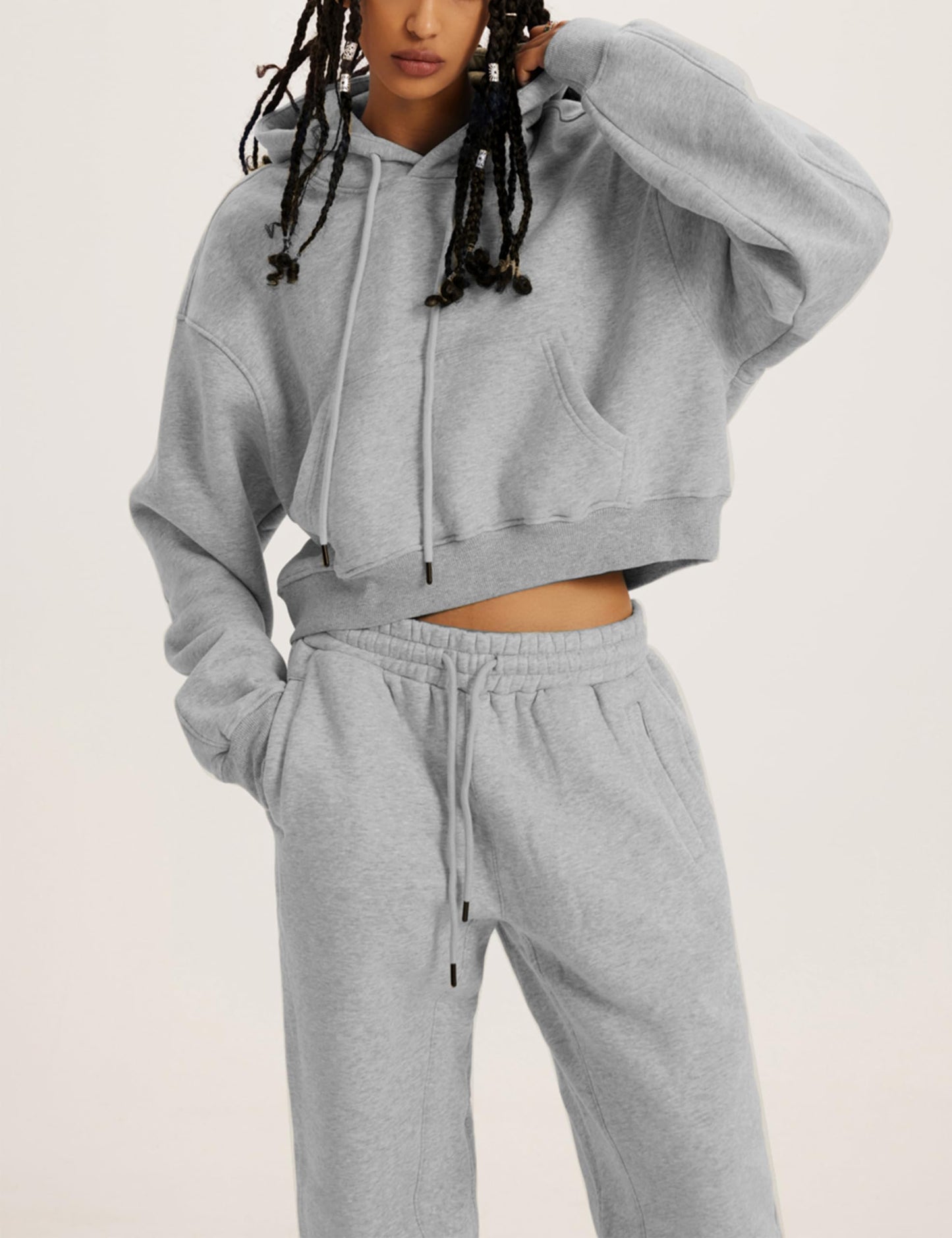 LTSCNRM Women's 2 Piece Airport Outfits Fleece Crop Hoodies Pullover Sweatshirt Sweatsuits Joggers Pants Pockets