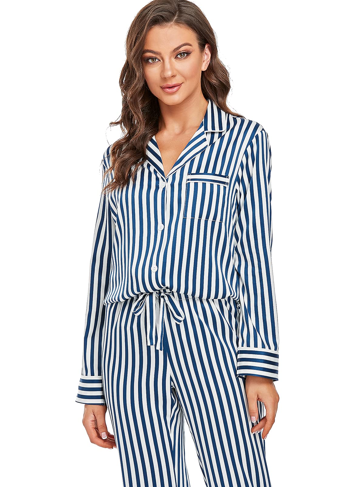 Women's Satin Pajama Set Long Sleeve Button Down Sleepwear 2-Piece Striped Silky Pj Set