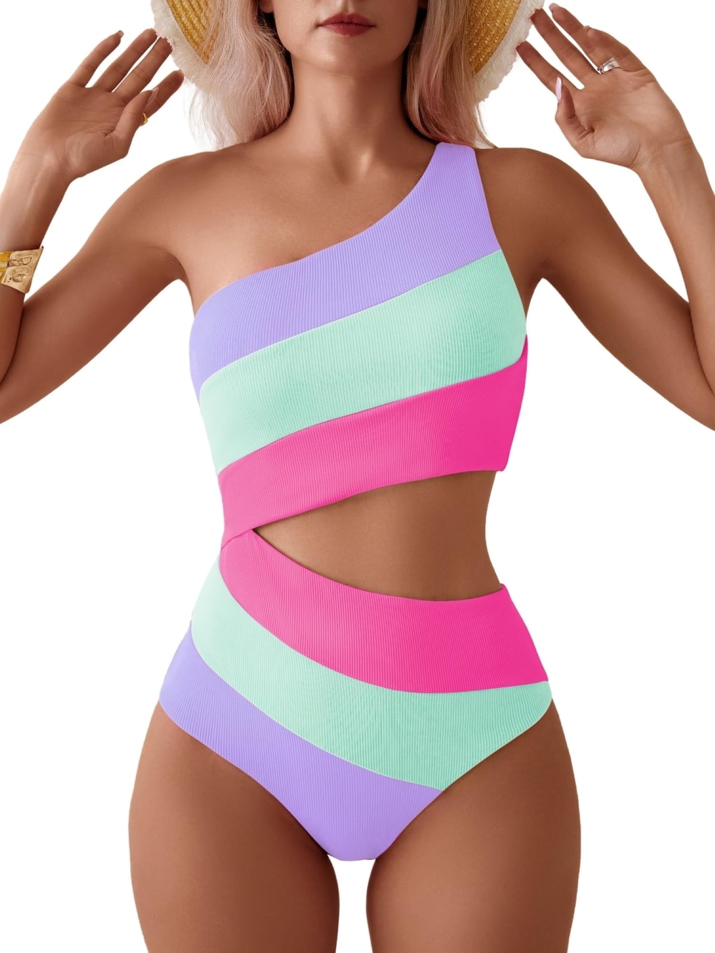 TASHEHE Women's One Shoulder One Piece Swimsuit Sexy Color Block Patchwork Bathing Suit Modest Full Coverage Cutout Swimwear