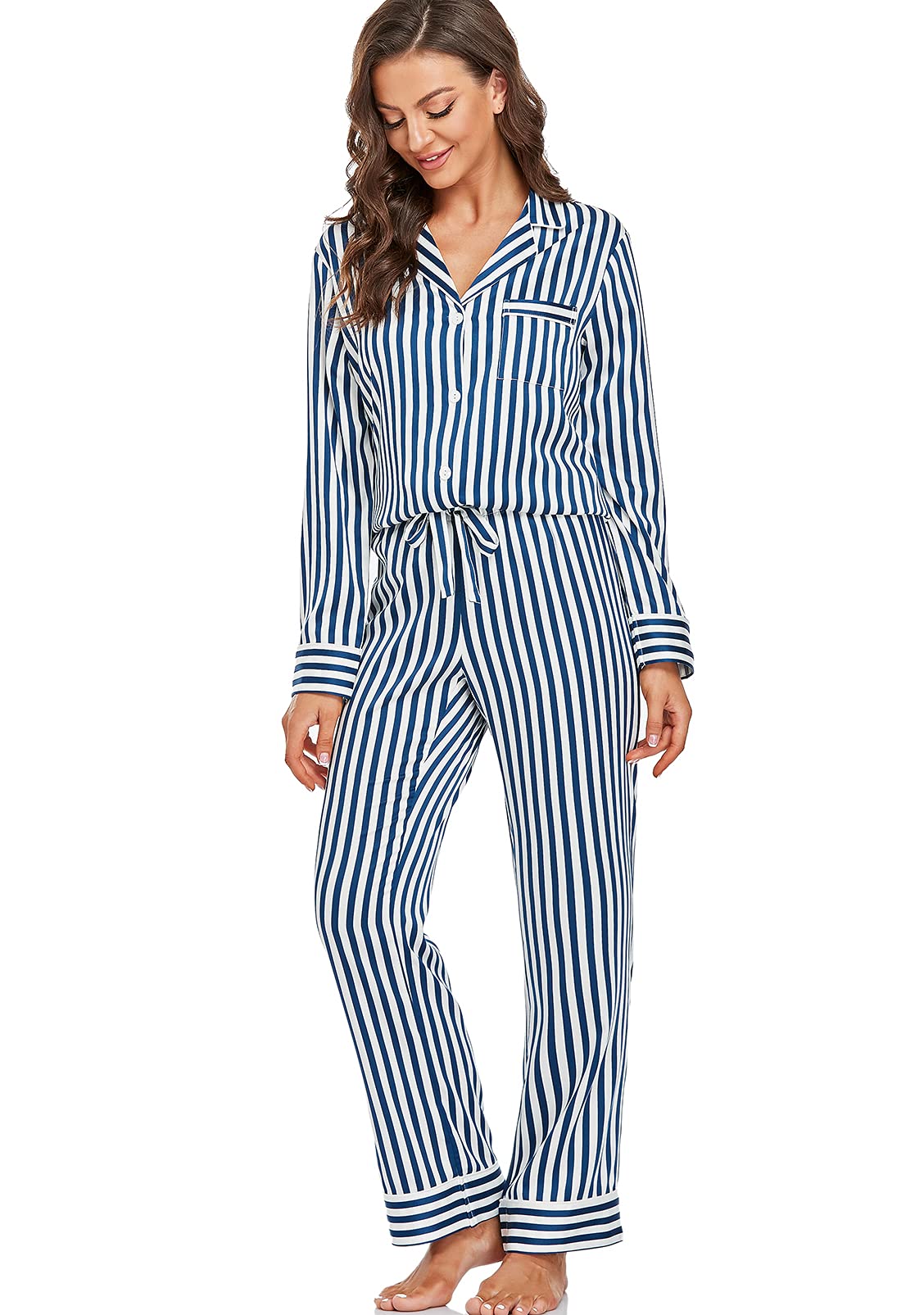 Women's Satin Pajama Set Long Sleeve Button Down Sleepwear 2-Piece Striped Silky Pj Set