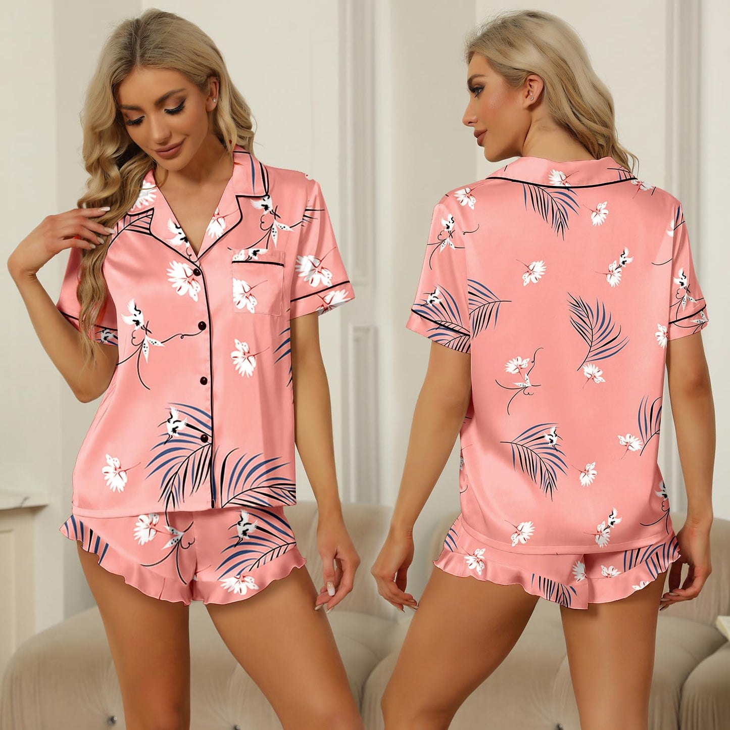 SAPJON Satin Silk Pajamas for Women 2Pcs Ruffle Notch Collar Sleepwear Button Down Short Sleeve Shorts Pjs Set Loungewear