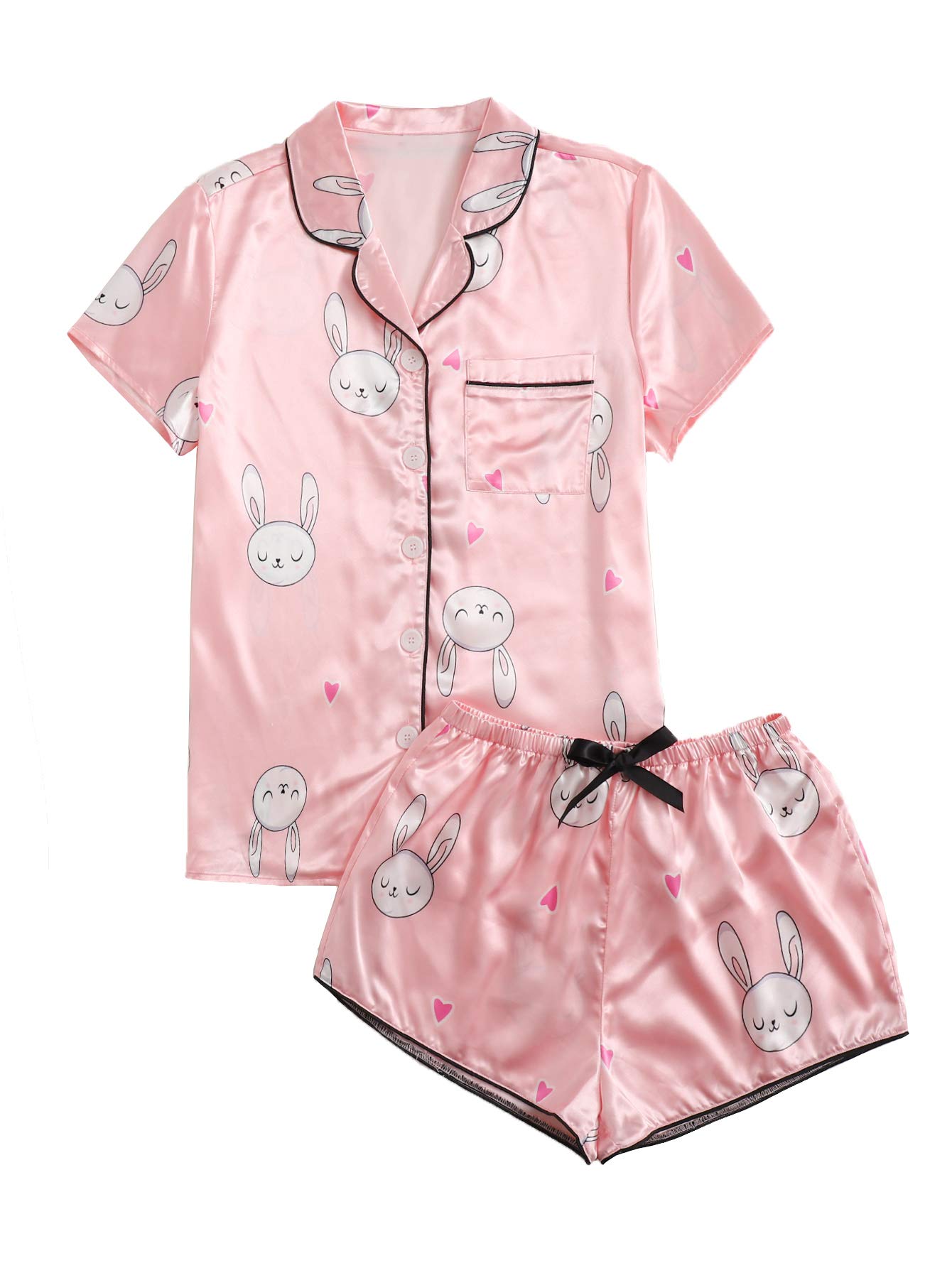 WDIRARA Women's Sleepwear Satin Short Sleeve Shirt and Shorts Pajama Set