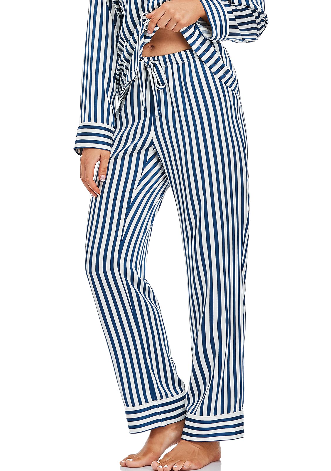 Women's Satin Pajama Set Long Sleeve Button Down Sleepwear 2-Piece Striped Silky Pj Set