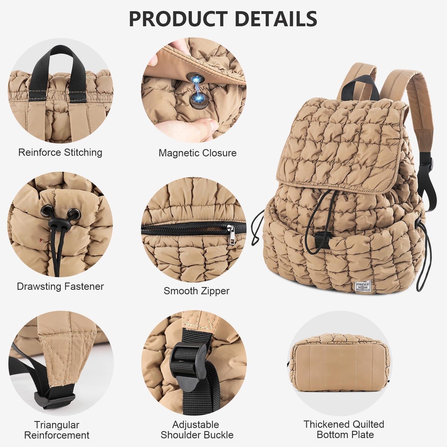 CONTAIL 18L Quilted Puffer Backpack for Women,Lightweight Puffy Hiker Pack,Khaki