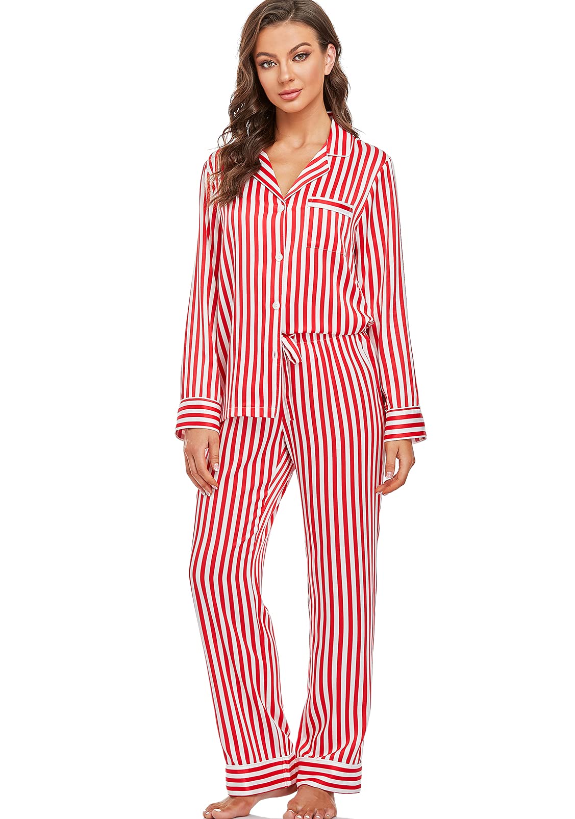 Women's Satin Pajama Set Long Sleeve Button Down Sleepwear 2-Piece Striped Silky Pj Set