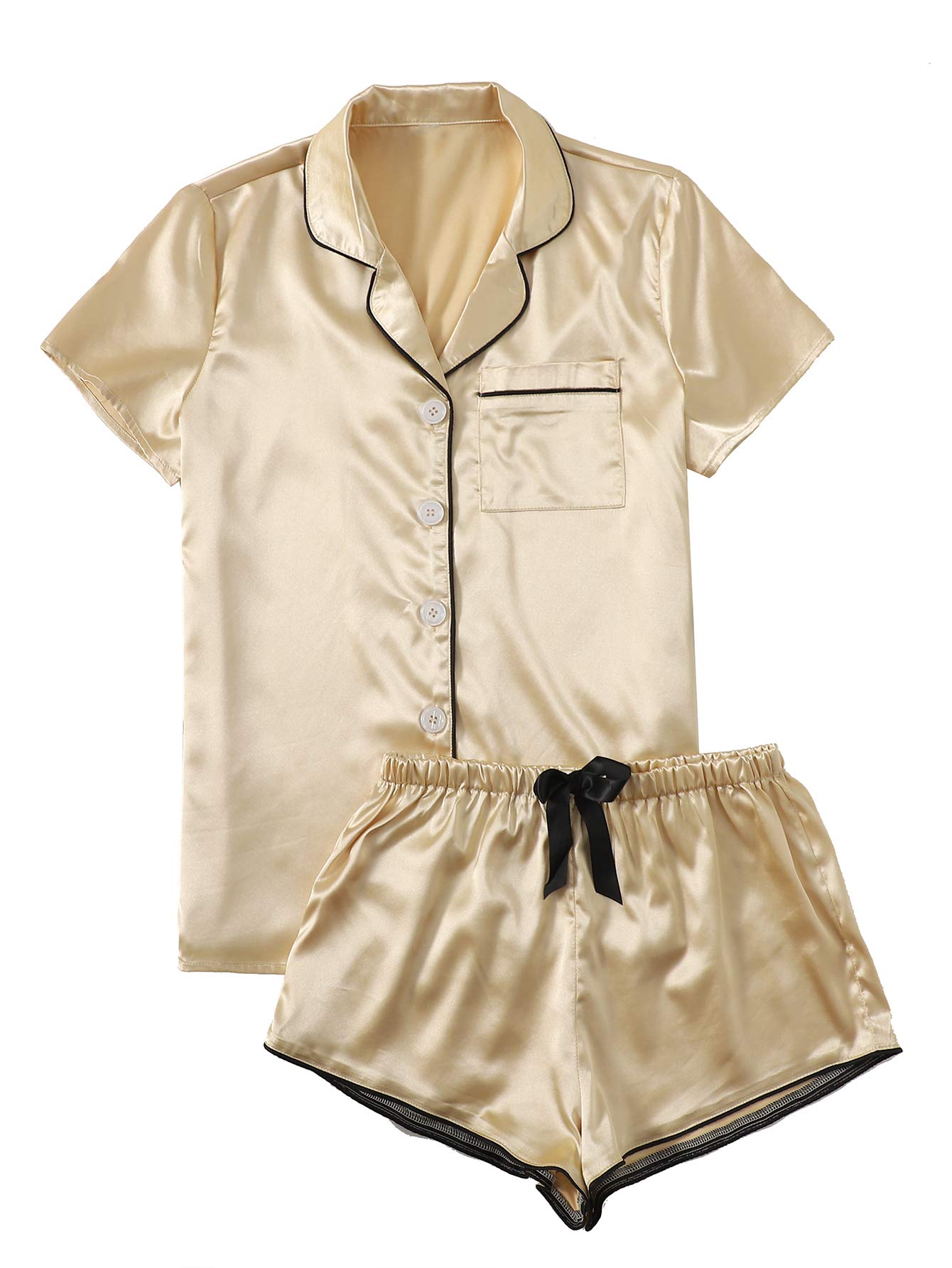 WDIRARA Women's Sleepwear Satin Short Sleeve Shirt and Shorts Pajama Set