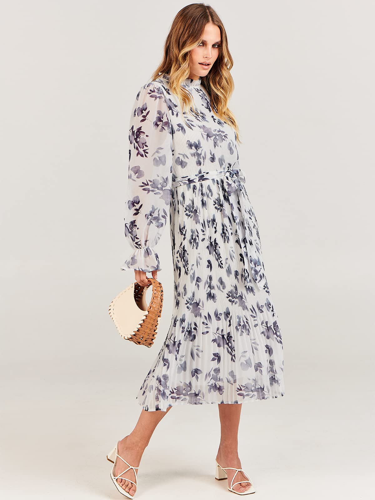 ANRABESS Women's Floral Midi Dress Puff Long Sleeve Casual Ruffle Chiffon A-Line Swing Pleated Belted Tea Party Dresses