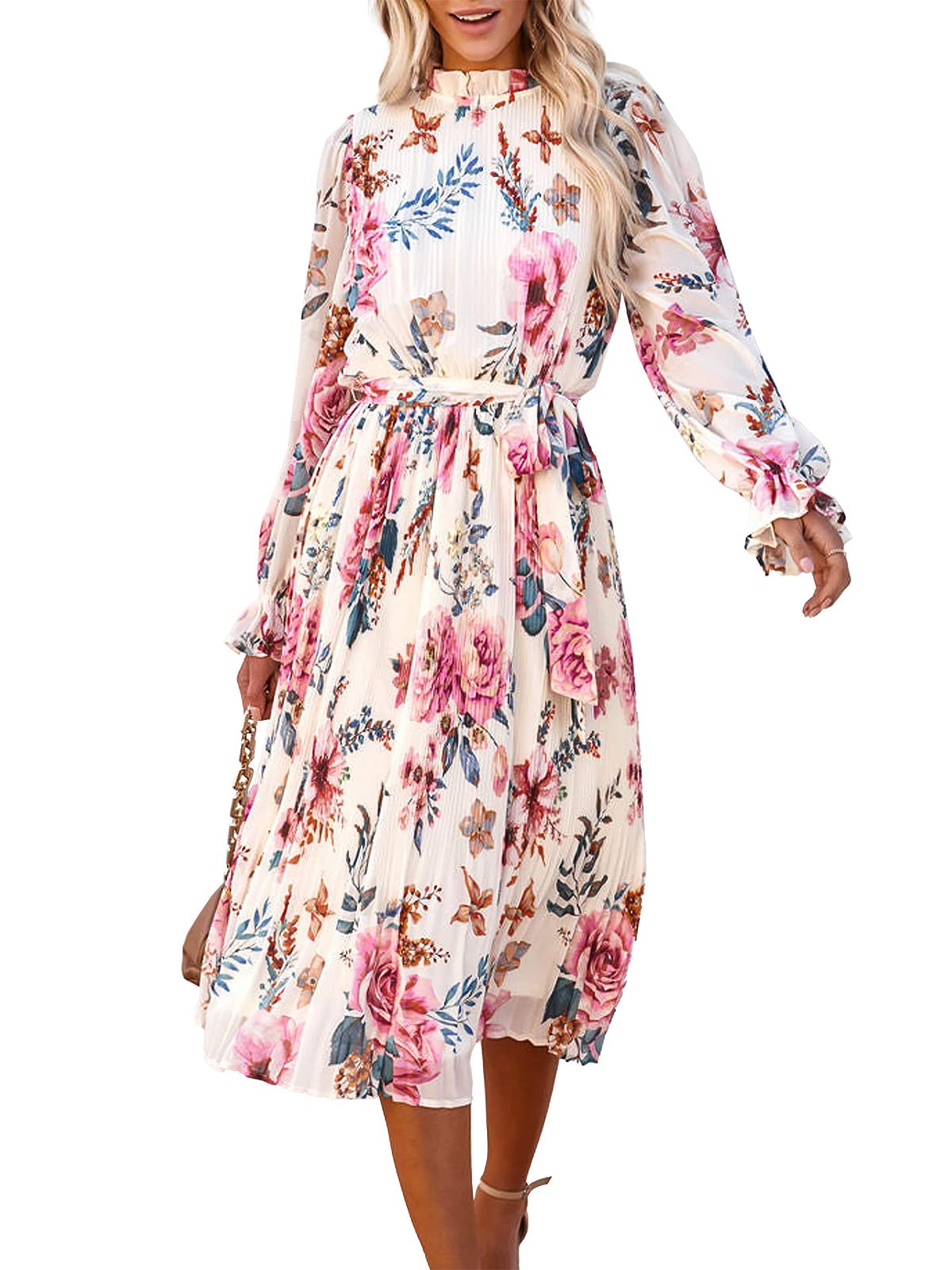 ANRABESS Women's Floral Midi Dress Puff Long Sleeve Casual Ruffle Chiffon A-Line Swing Pleated Belted Tea Party Dresses