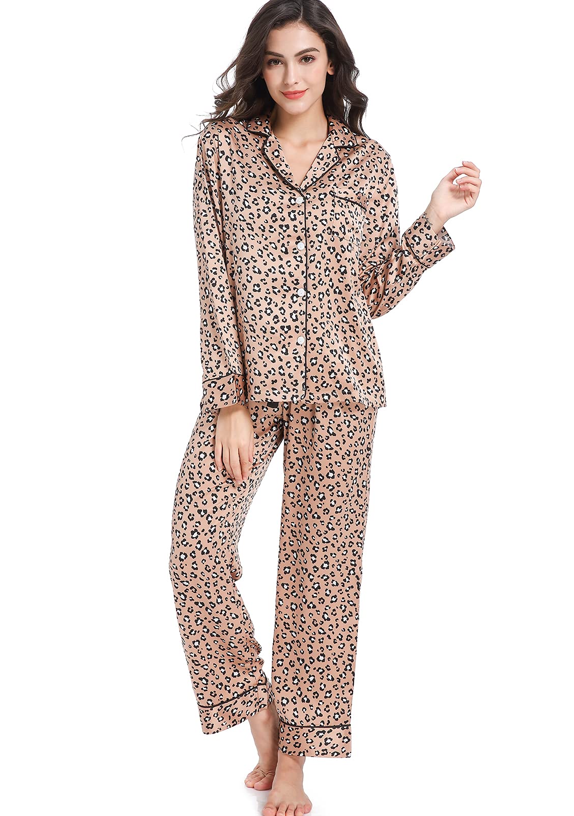 Women's Satin Pajama Set Long Sleeve Button Down Sleepwear 2-Piece Striped Silky Pj Set