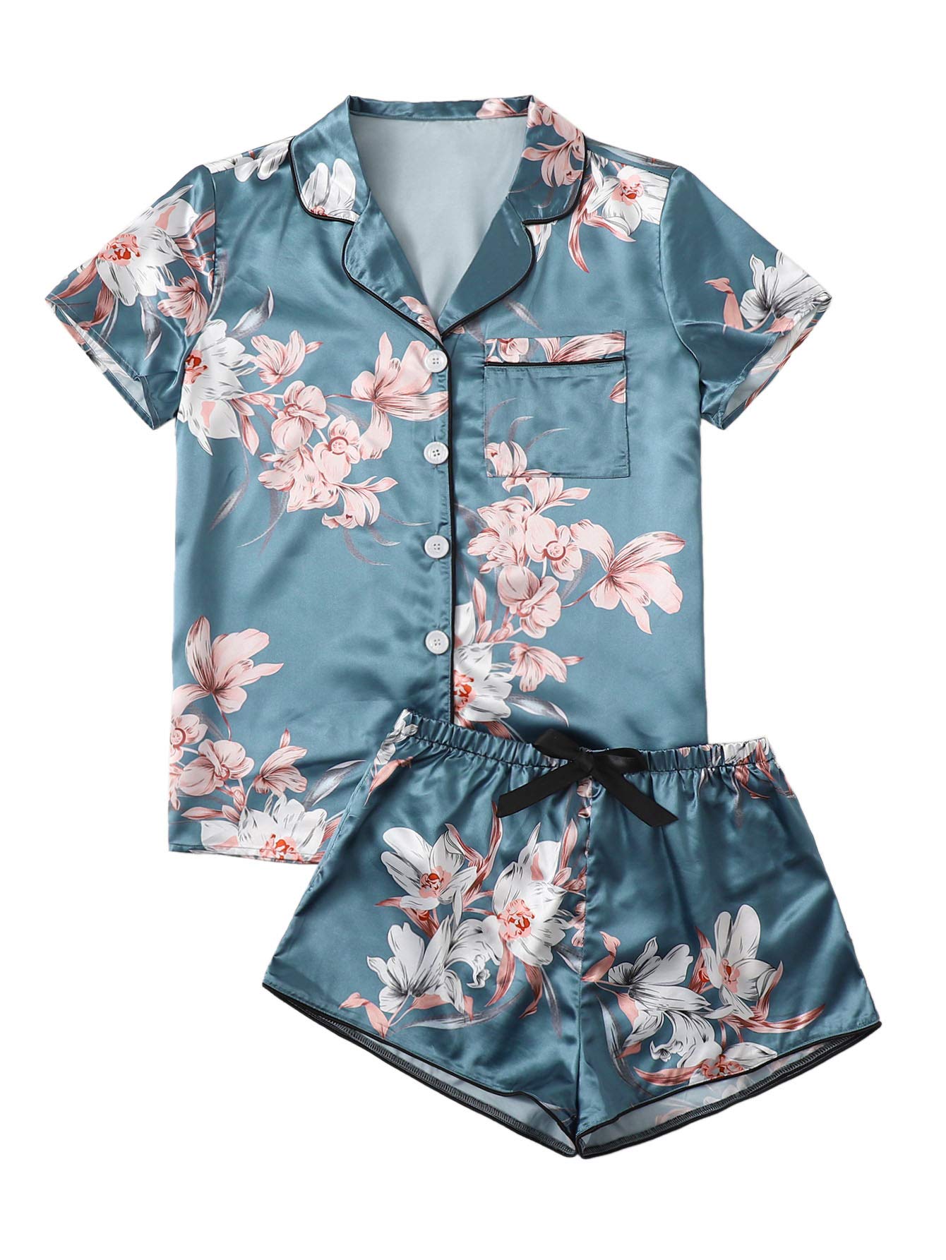 WDIRARA Women's Sleepwear Satin Short Sleeve Shirt and Shorts Pajama Set