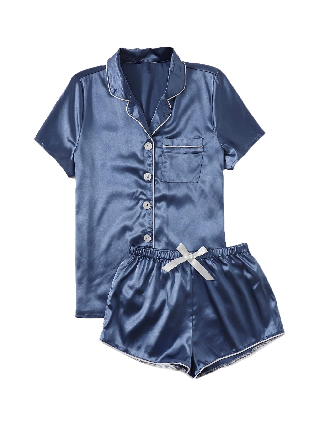 WDIRARA Women's Sleepwear Satin Short Sleeve Shirt and Shorts Pajama Set