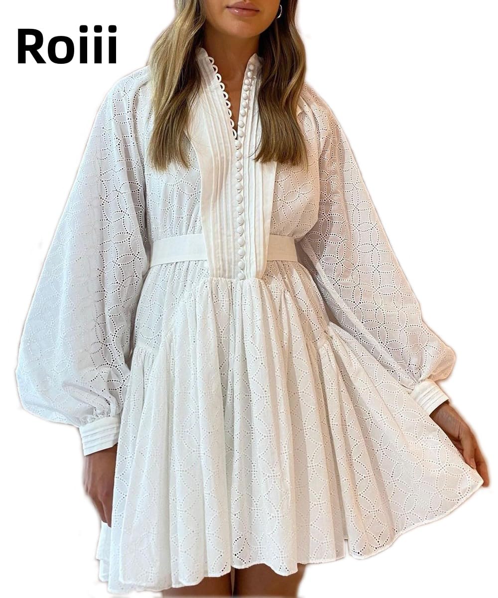 Roiii Women A-Line Lace Loose Baroque Button Down Long Sleeve Casual Dresses V Neck Embroidery Party Short Dress