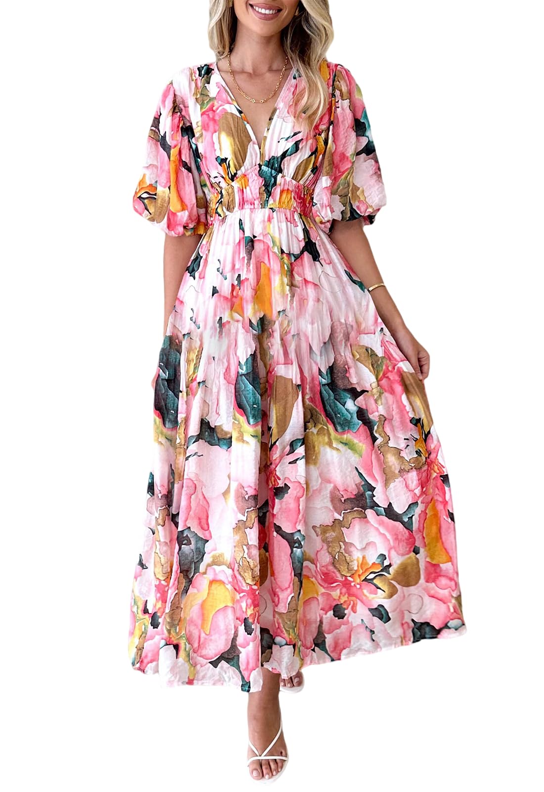 Sissyaki Women's Boho Floral Midi Dress Smocked Beach Flowy Dress