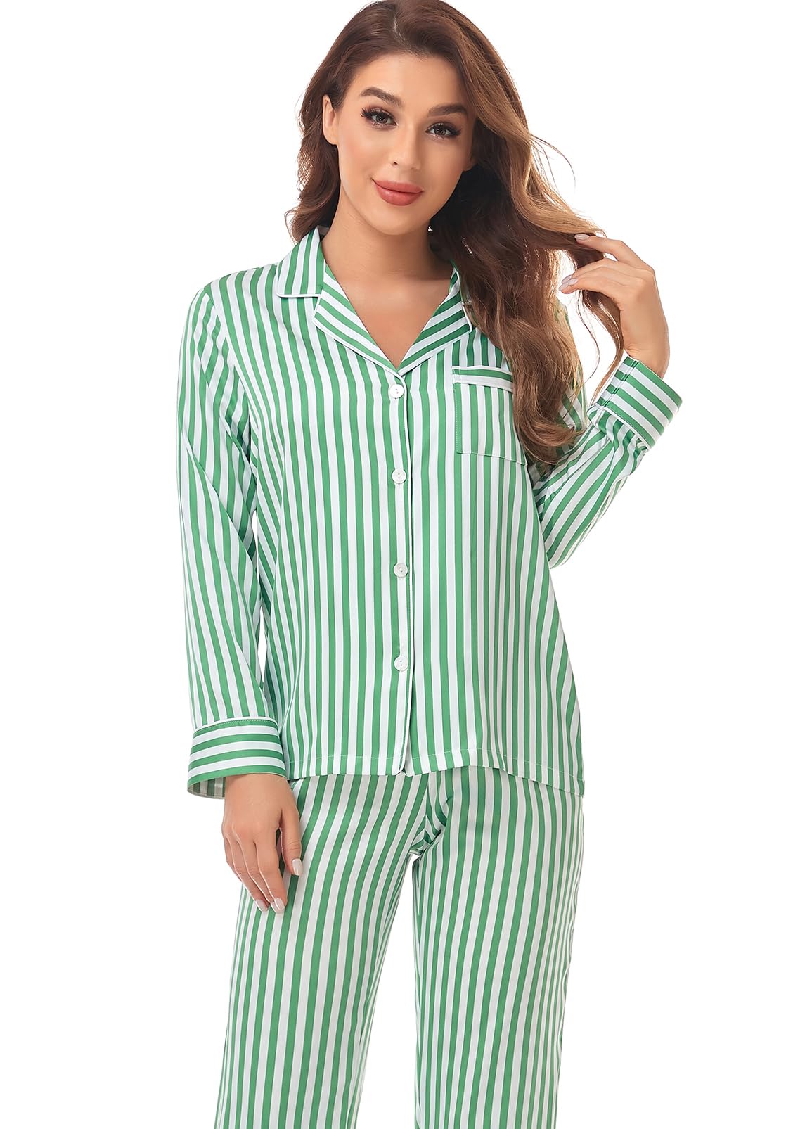 Women's Satin Pajama Set Long Sleeve Button Down Sleepwear 2-Piece Striped Silky Pj Set