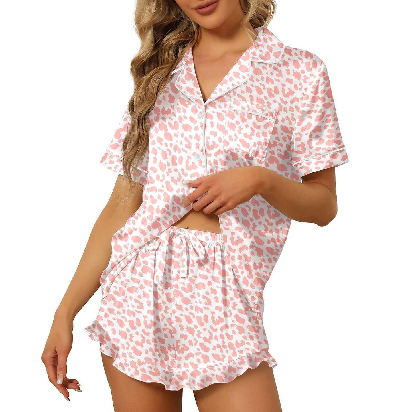 SAPJON Satin Silk Pajamas for Women 2Pcs Ruffle Notch Collar Sleepwear Button Down Short Sleeve Shorts Pjs Set Loungewear