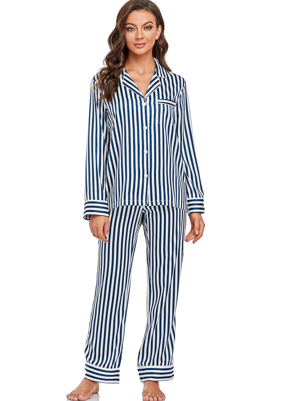 Women's Satin Pajama Set Long Sleeve Button Down Sleepwear 2-Piece Striped Silky Pj Set