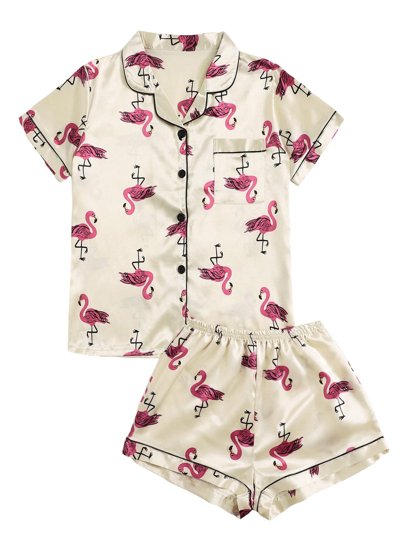 WDIRARA Women's Sleepwear Satin Short Sleeve Shirt and Shorts Pajama Set