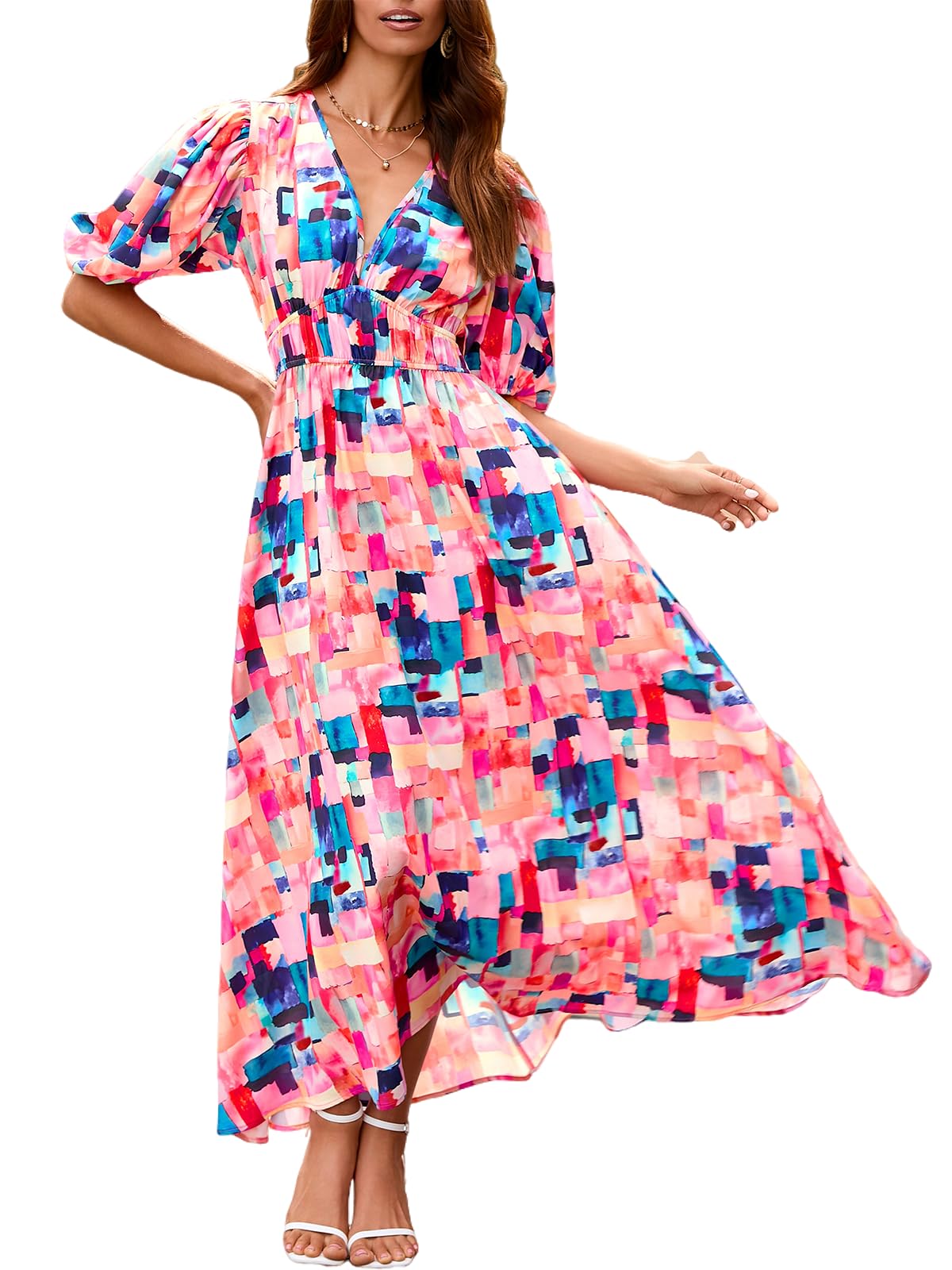 Sissyaki Women's Boho Floral Midi Dress Smocked Beach Flowy Dress