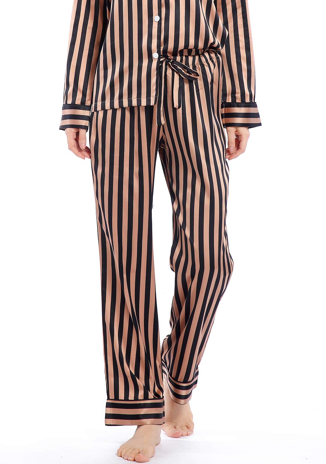 Women's Satin Pajama Set Long Sleeve Button Down Sleepwear 2-Piece Striped Silky Pj Set