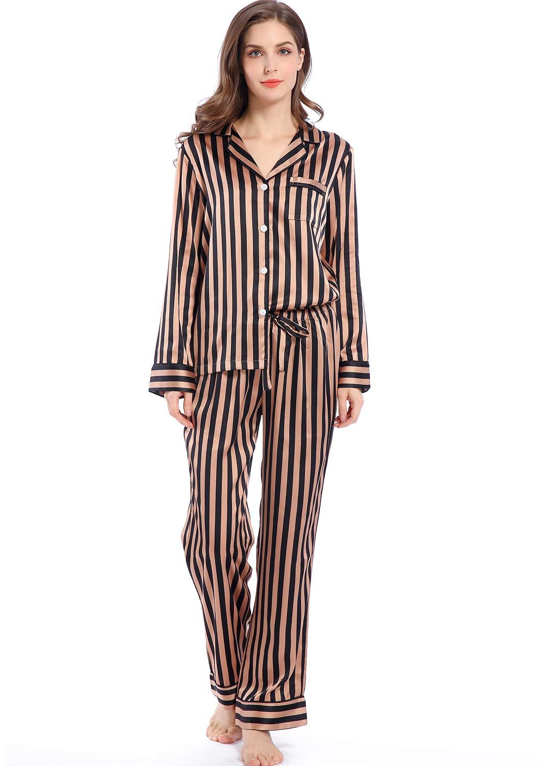 Women's Satin Pajama Set Long Sleeve Button Down Sleepwear 2-Piece Striped Silky Pj Set