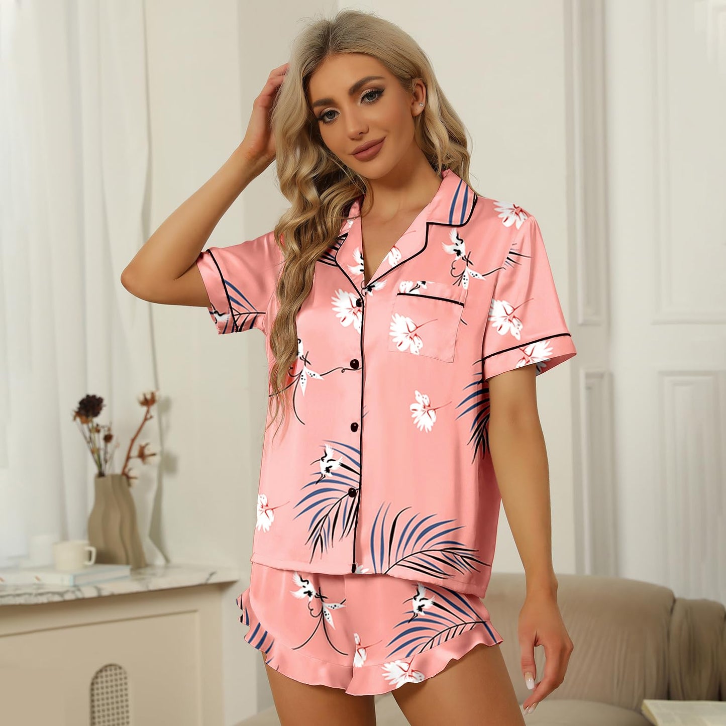 SAPJON Satin Silk Pajamas for Women 2Pcs Ruffle Notch Collar Sleepwear Button Down Short Sleeve Shorts Pjs Set Loungewear