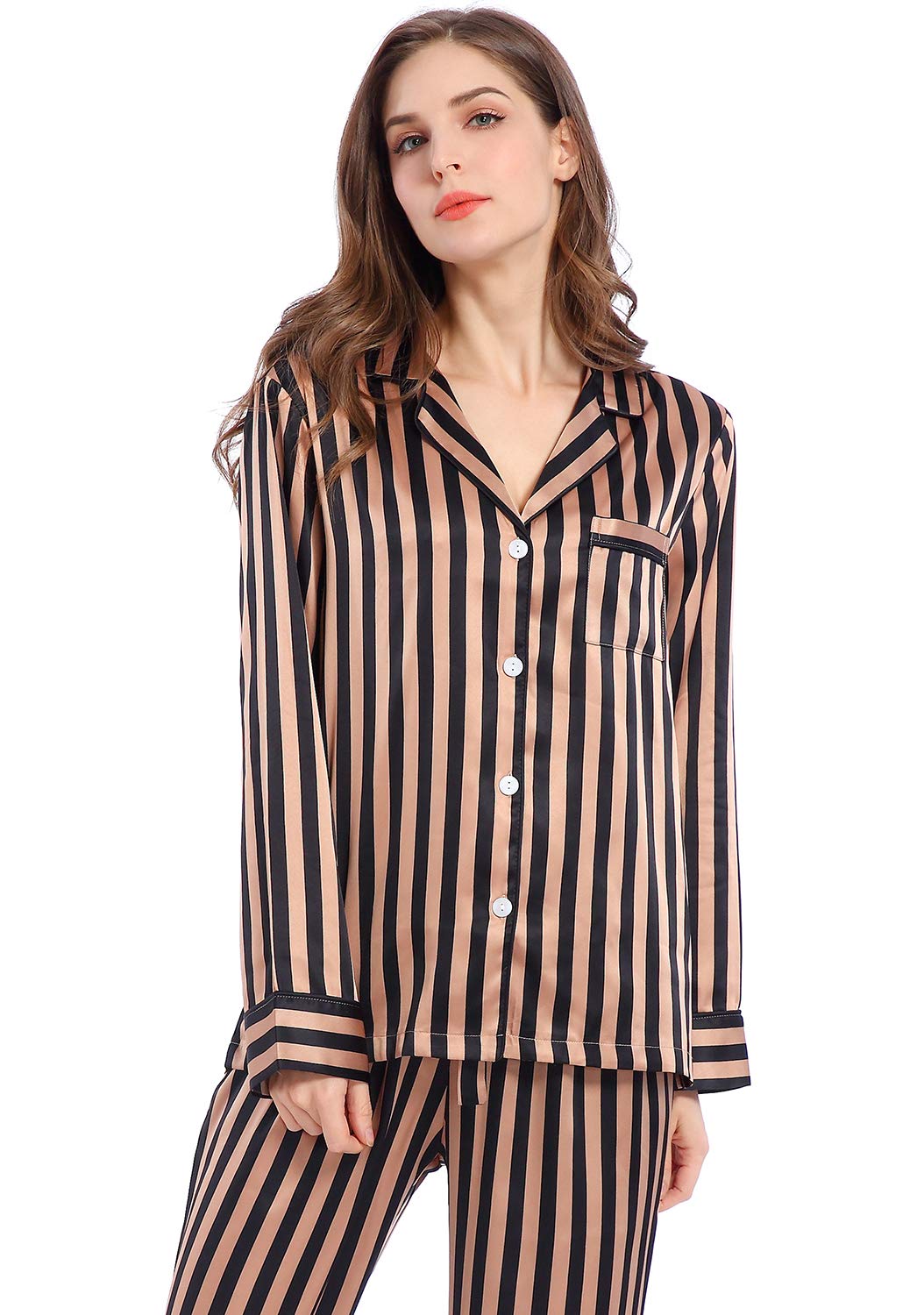 Women's Satin Pajama Set Long Sleeve Button Down Sleepwear 2-Piece Striped Silky Pj Set