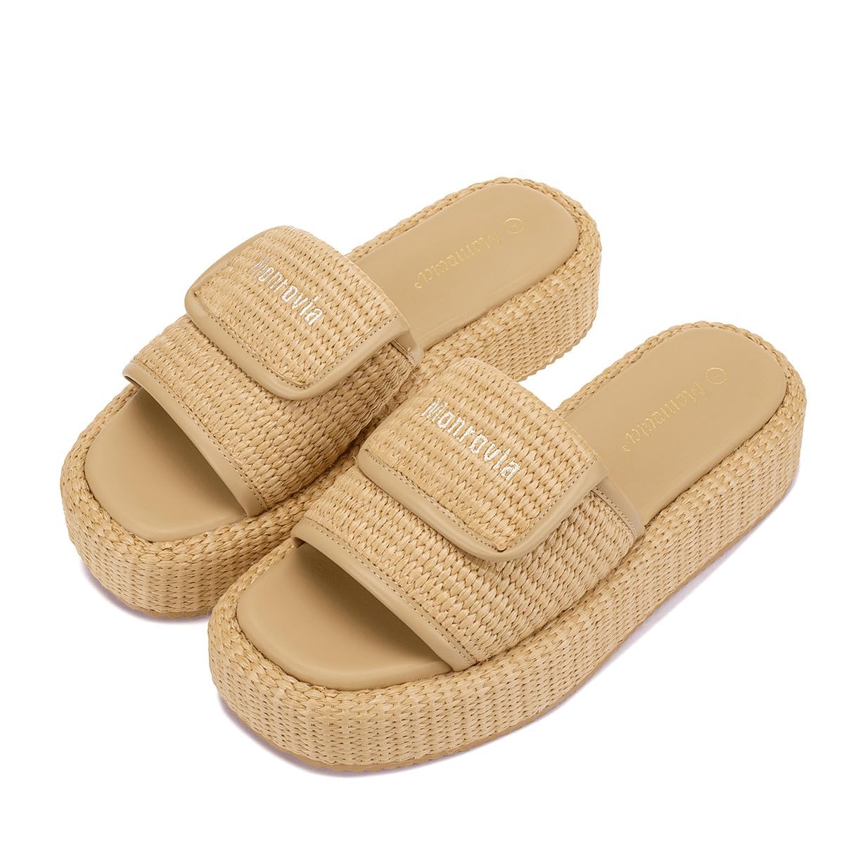 Monrovia Platform Sandals Women Slip on Raffia wedge Sandals, Espadrille Slides Bohemia Sandals, Summer Open Toe Straw Sandals for Women's Outdoor Camping Walking Beach Vacation