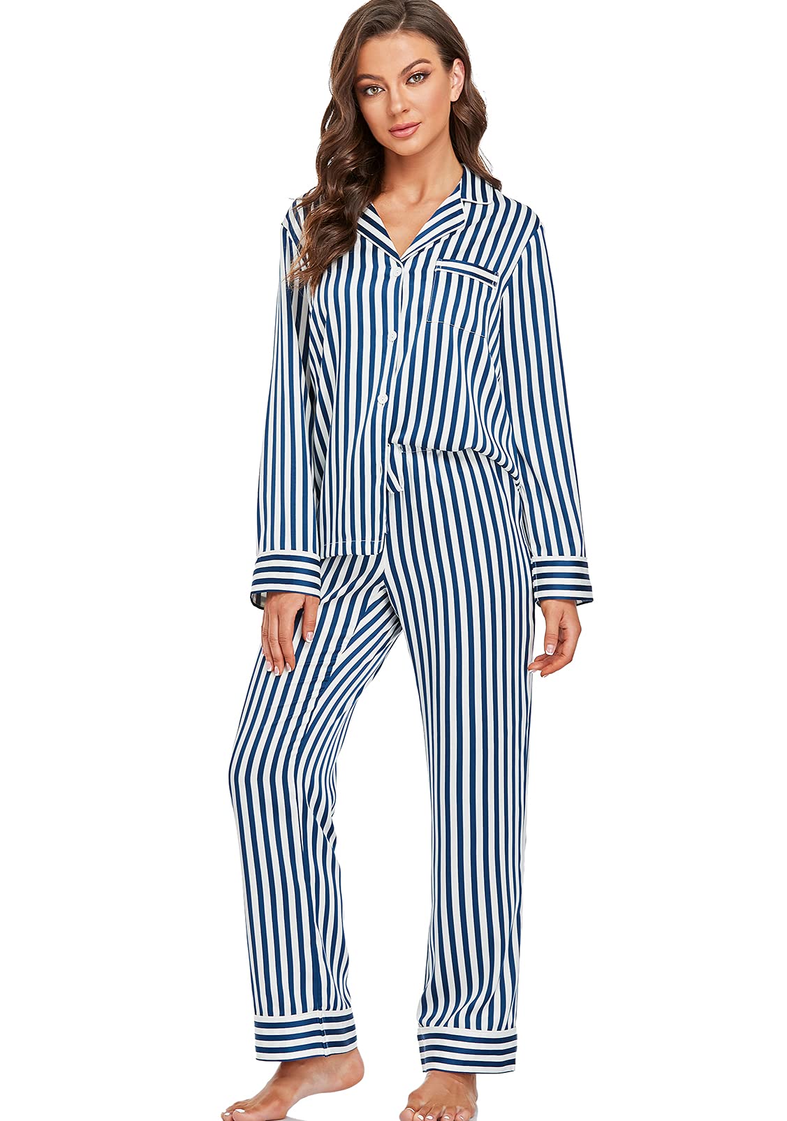 Women's Satin Pajama Set Long Sleeve Button Down Sleepwear 2-Piece Striped Silky Pj Set