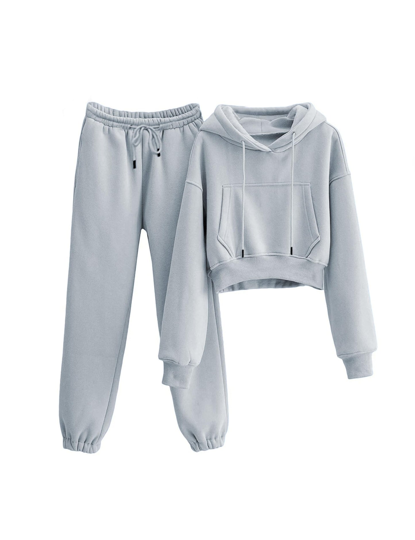 LTSCNRM Women's 2 Piece Airport Outfits Fleece Crop Hoodies Pullover Sweatshirt Sweatsuits Joggers Pants Pockets