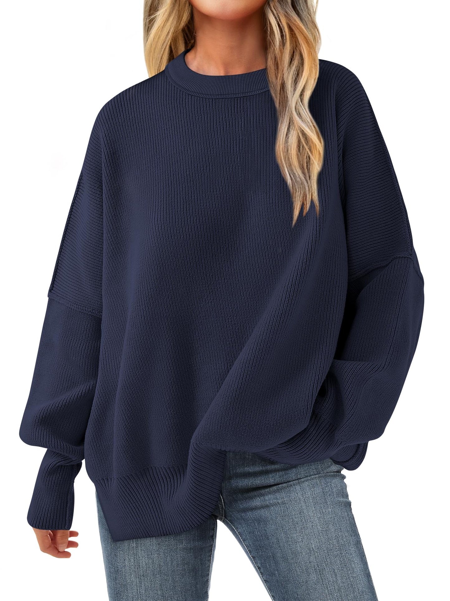 ANRABESS Women Crewneck Batwing Long Sleeve 2024 Fall Oversized Side Slit Ribbed Knit Pullover Sweaters Top Cozy Outfits