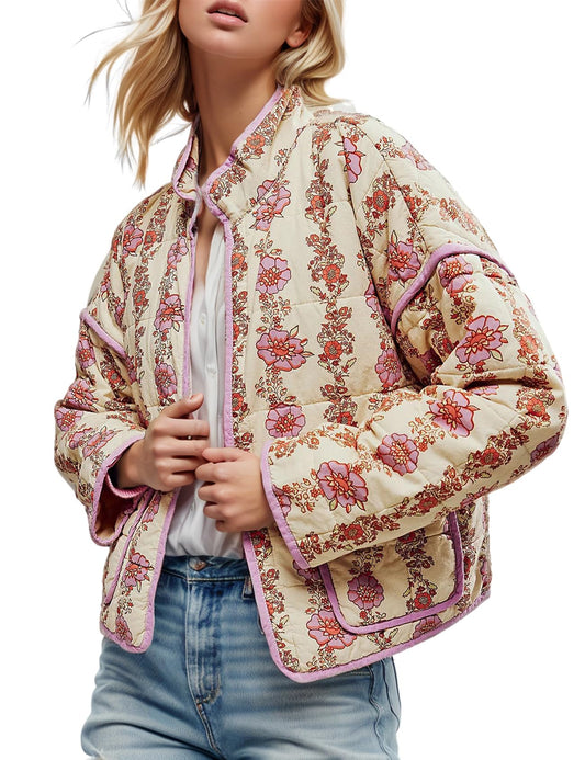 Yimoon Women's Cropped Puffer Quilted Jacket Vintage Floral Print Open Front Lightweight Short Jacket Outwear