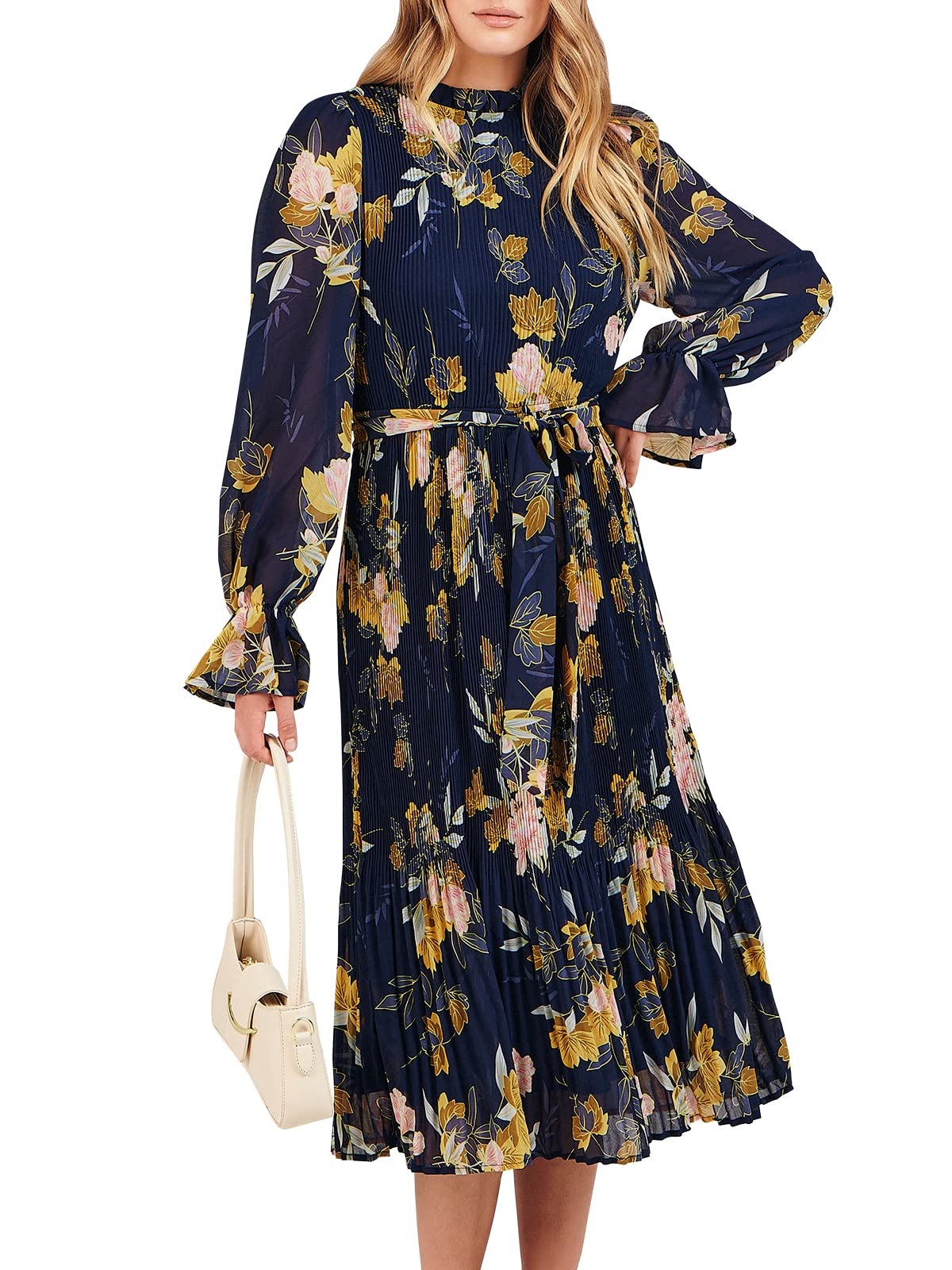 ANRABESS Women's Floral Midi Dress Puff Long Sleeve Casual Ruffle Chiffon A-Line Swing Pleated Belted Tea Party Dresses