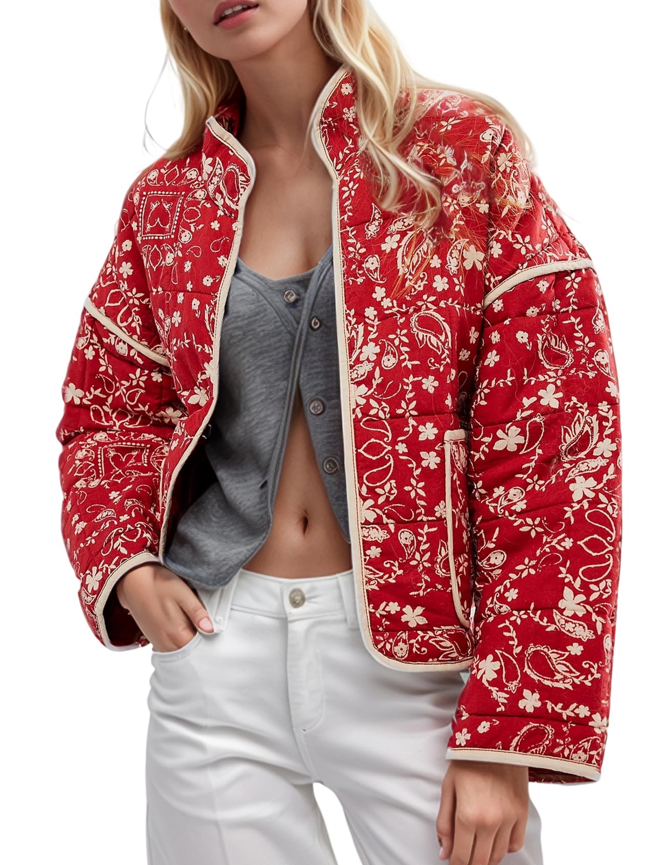 Yimoon Women's Cropped Puffer Quilted Jacket Vintage Floral Print Open Front Lightweight Short Jacket Outwear